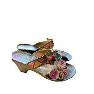 Womens Elite by Corkys Leather Wedge Sandals by Elites Size 7 Multicolor with Fl